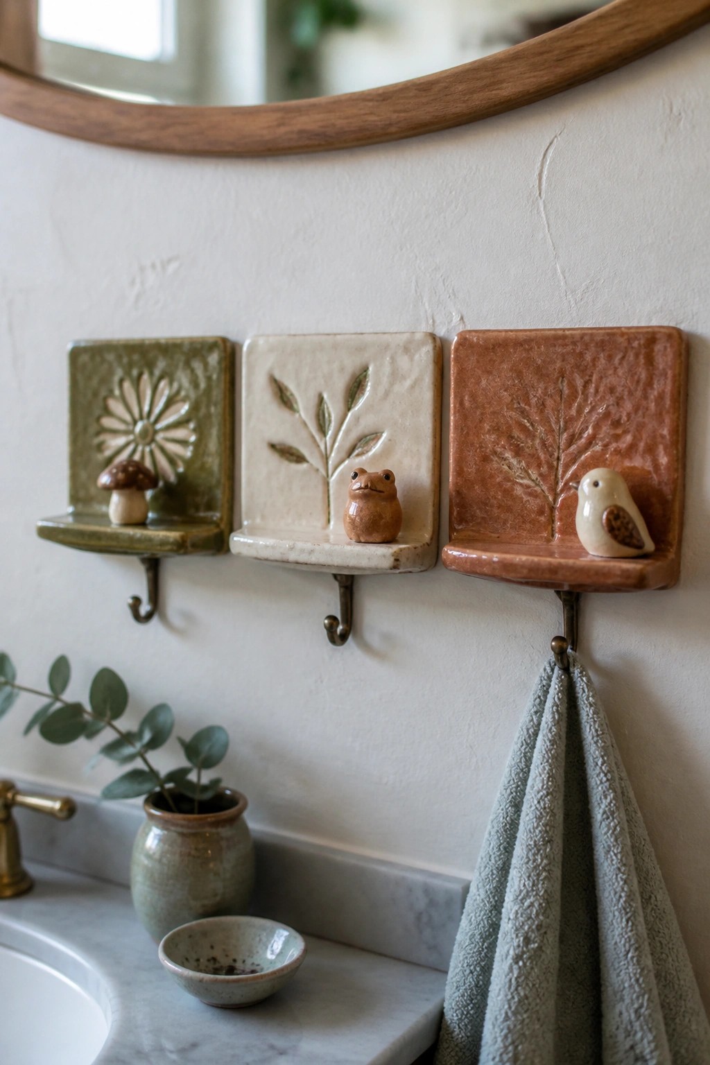 Three ceramic hooks with mushroom, frog, and bird figurines and hanging towel