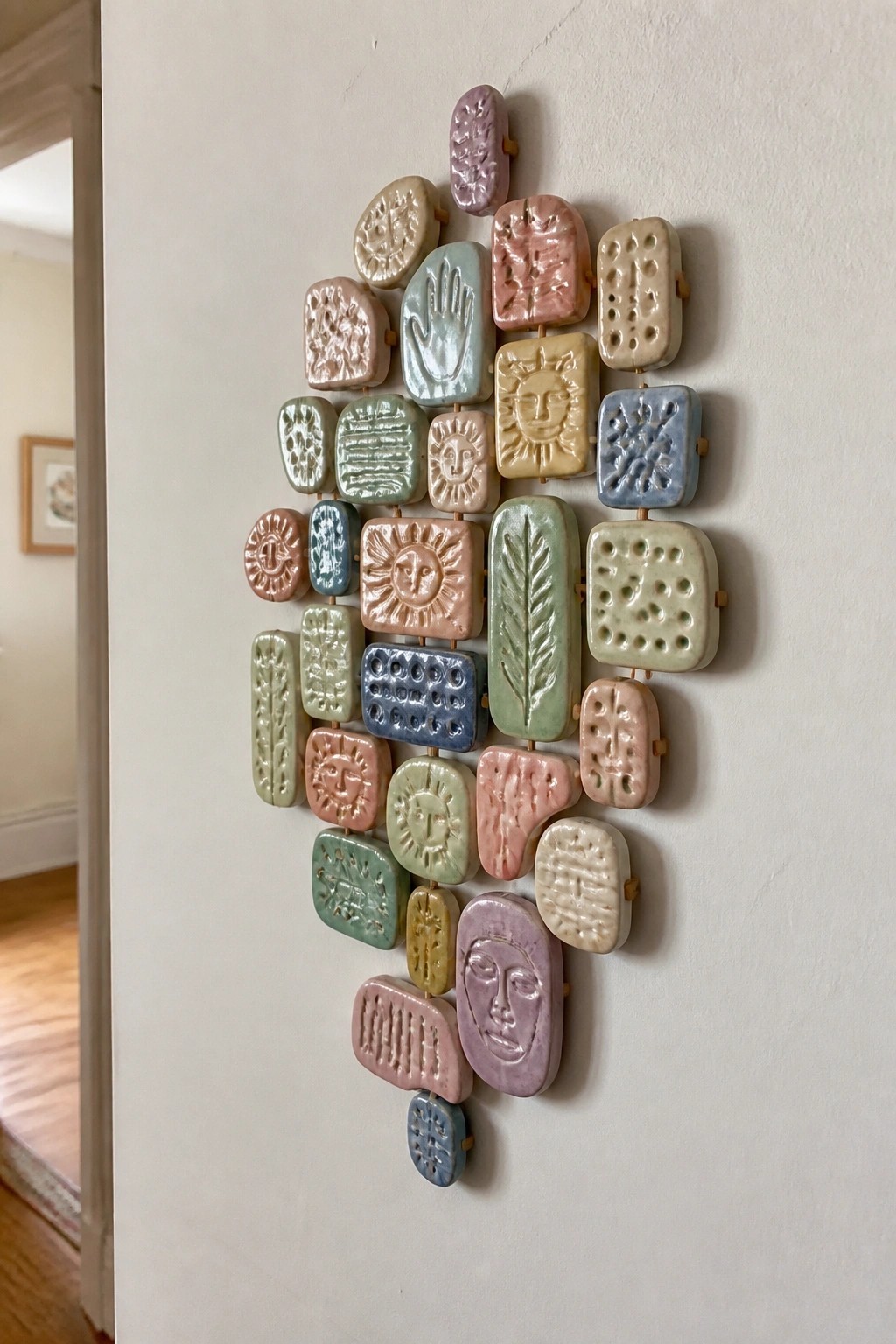 Pastel ceramic tiles with suns, faces, leaves, and patterns clustered on a wall