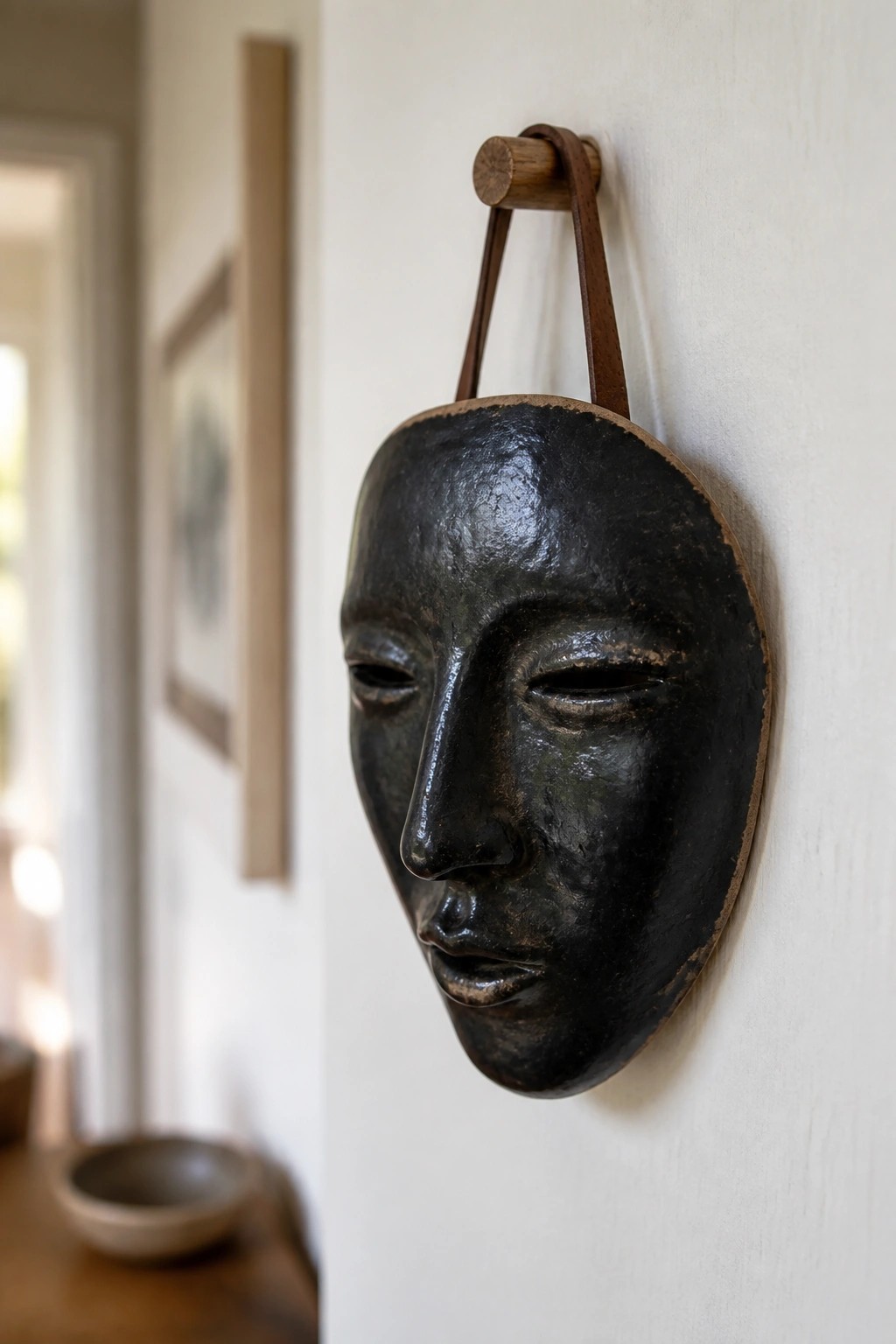 Glossy black mask hanging from leather strap on wooden peg against white wall