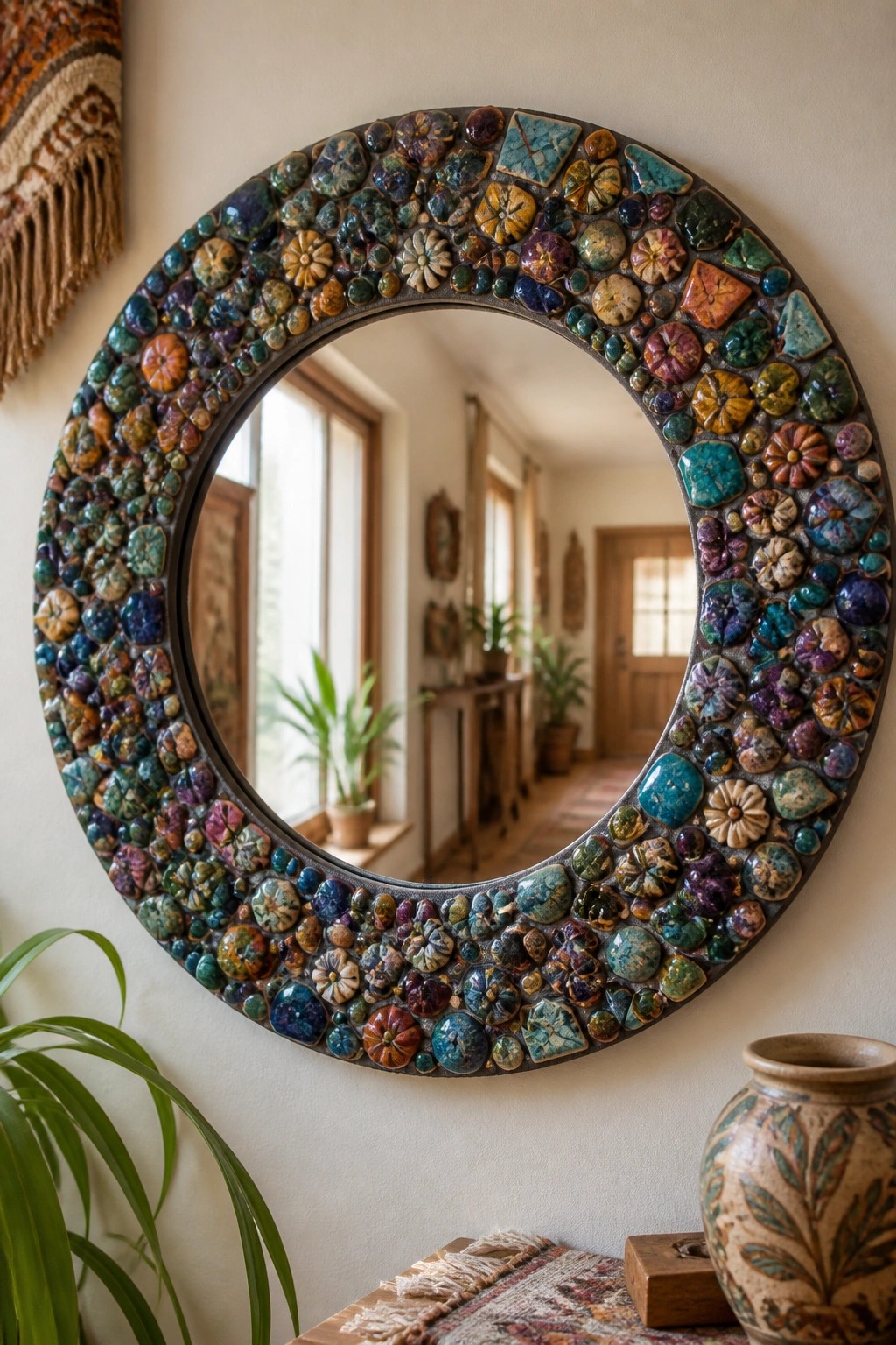 Round mirror framed by vibrant multicolored ceramic mosaic tiles on a light wall.