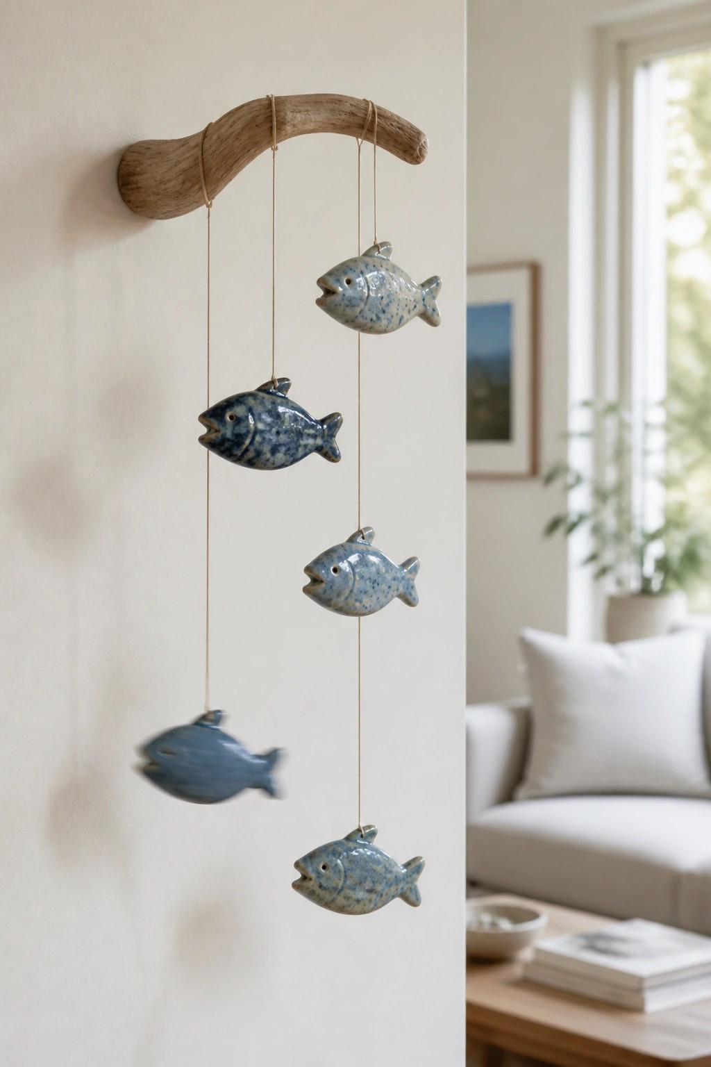 Wooden branch mobile with five hanging blue ceramic fish on wall