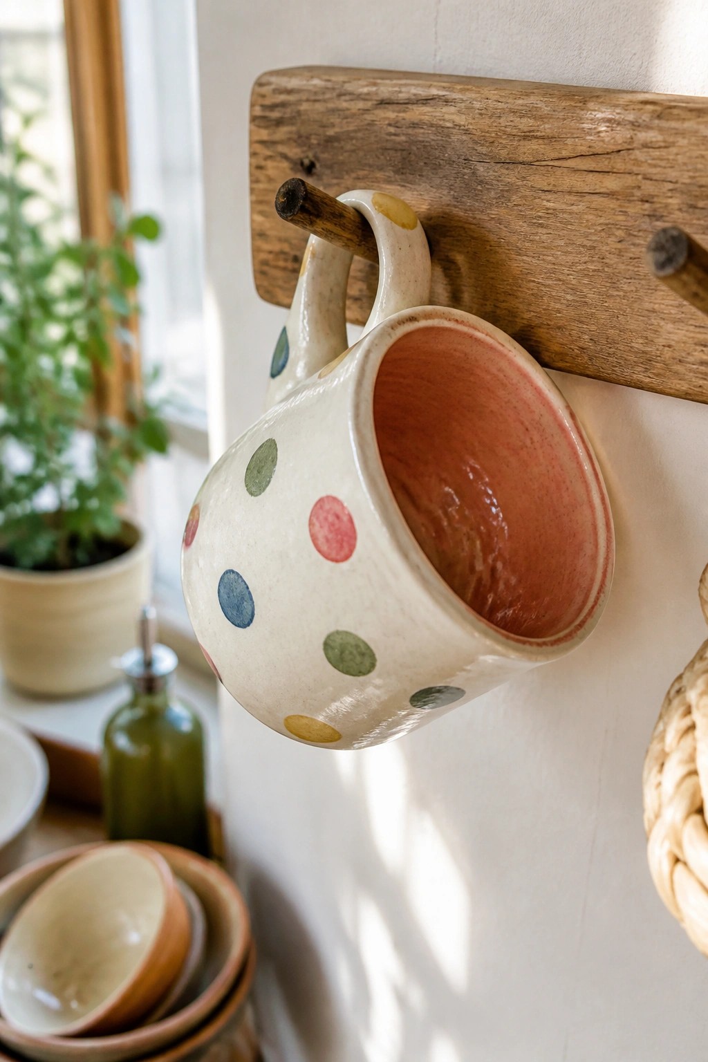 Ceramic mug with colorful polka dots hanging from wooden peg rack