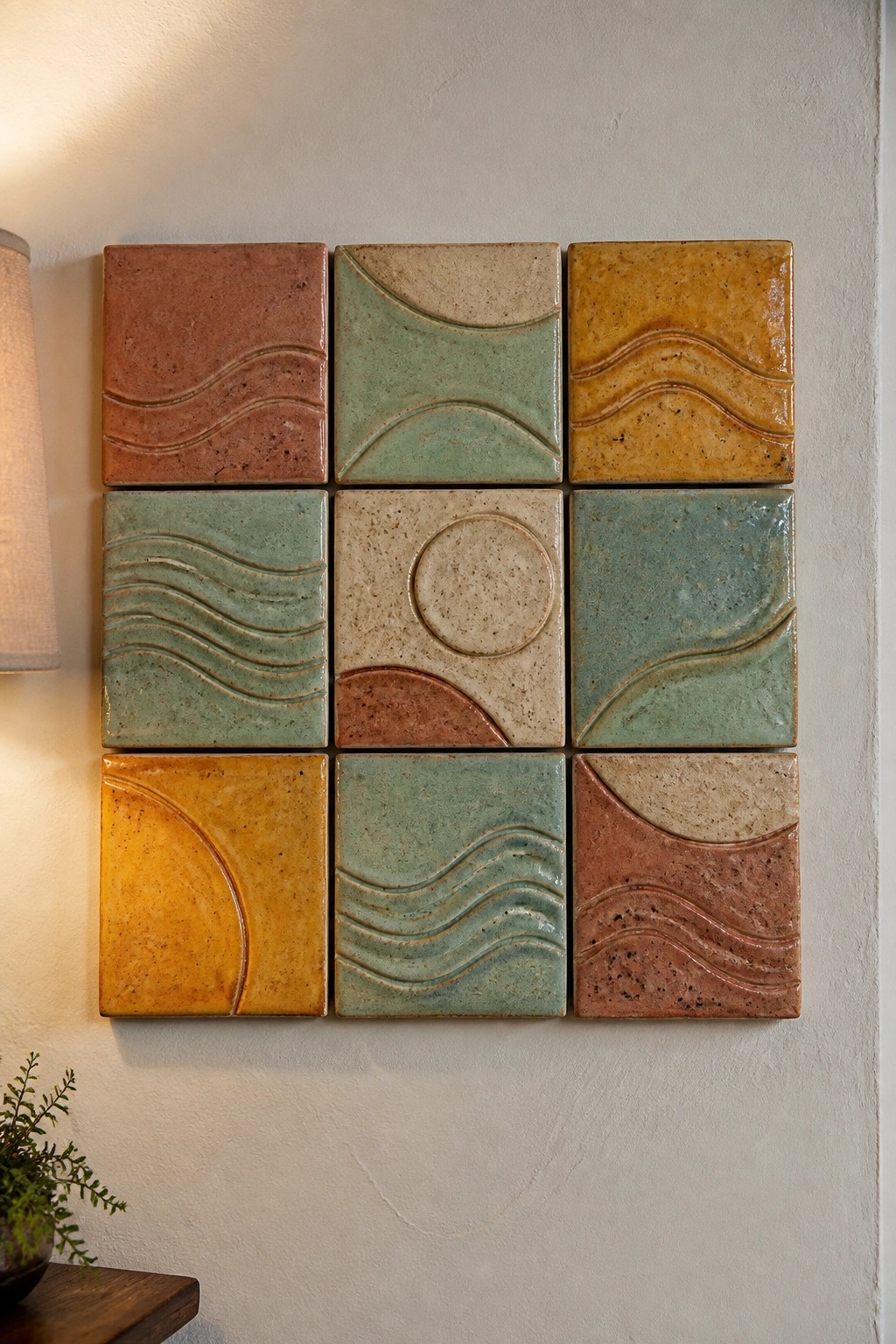 Nine ceramic tiles in earthy tones with wave and circle patterns on wall