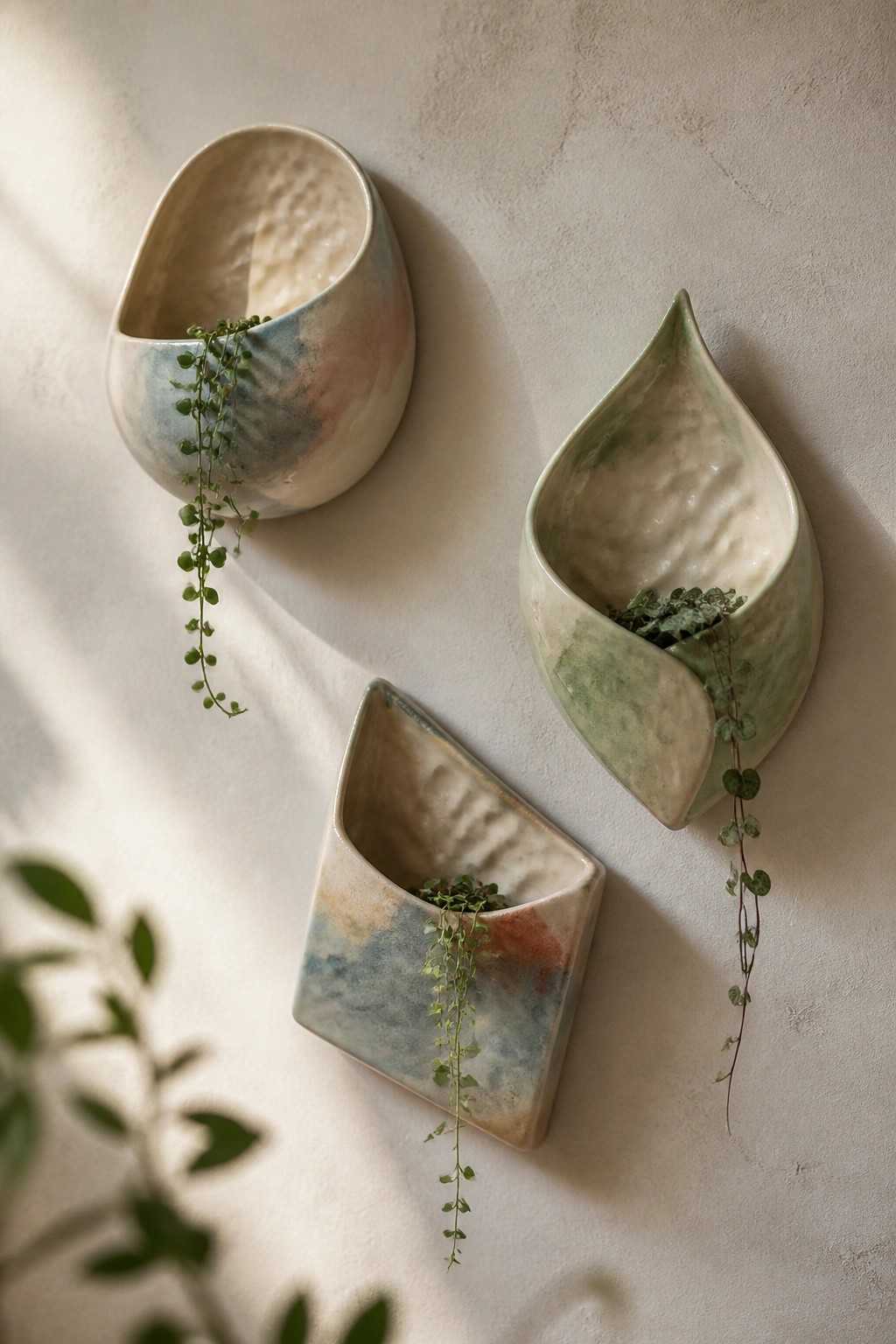 Three abstract ceramic wall planters with trailing green vines on a textured wall
