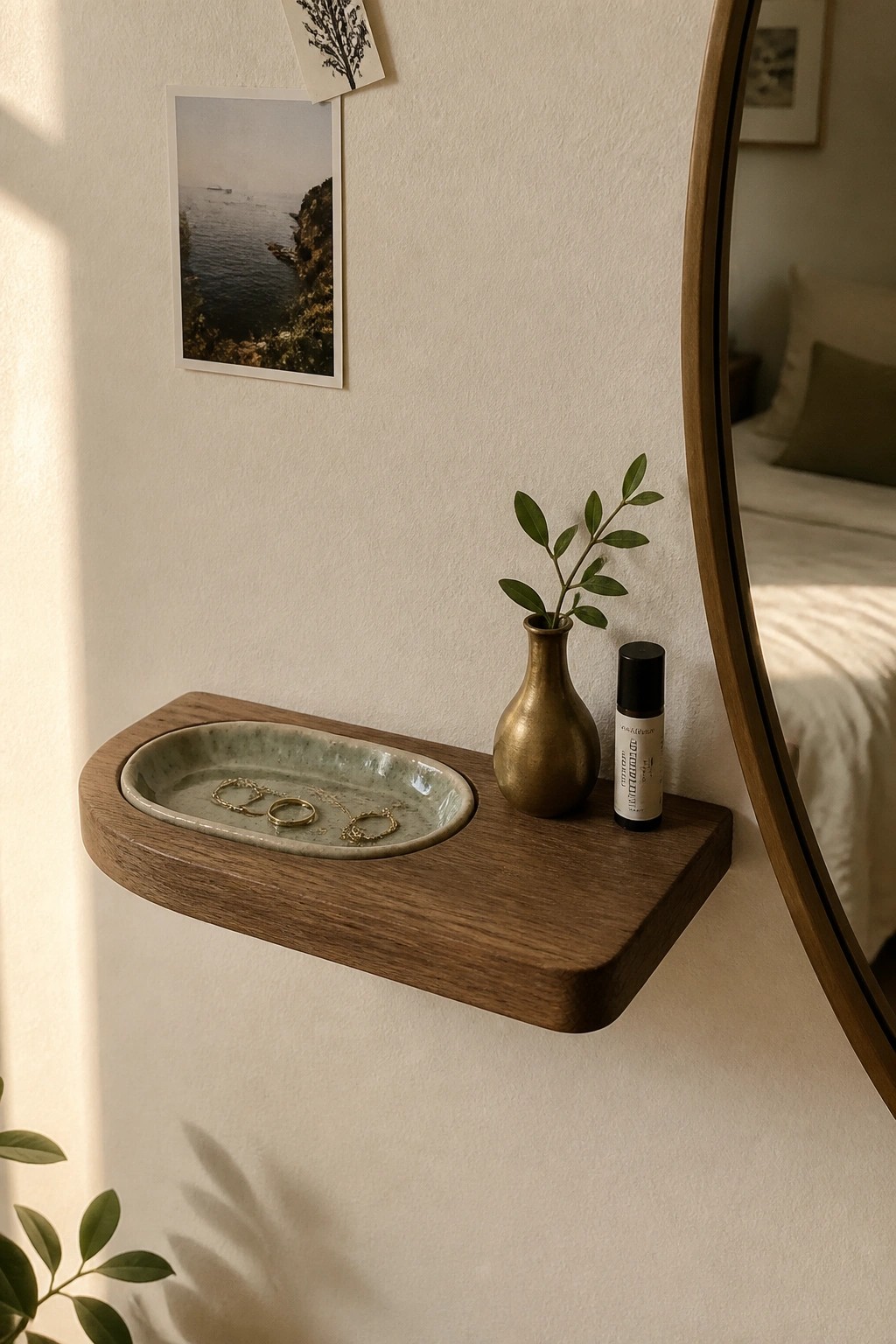A speckled light green oval ceramic dish sits recessed in a wooden floating shelf holding gold jewelry beside a small brass vase.
