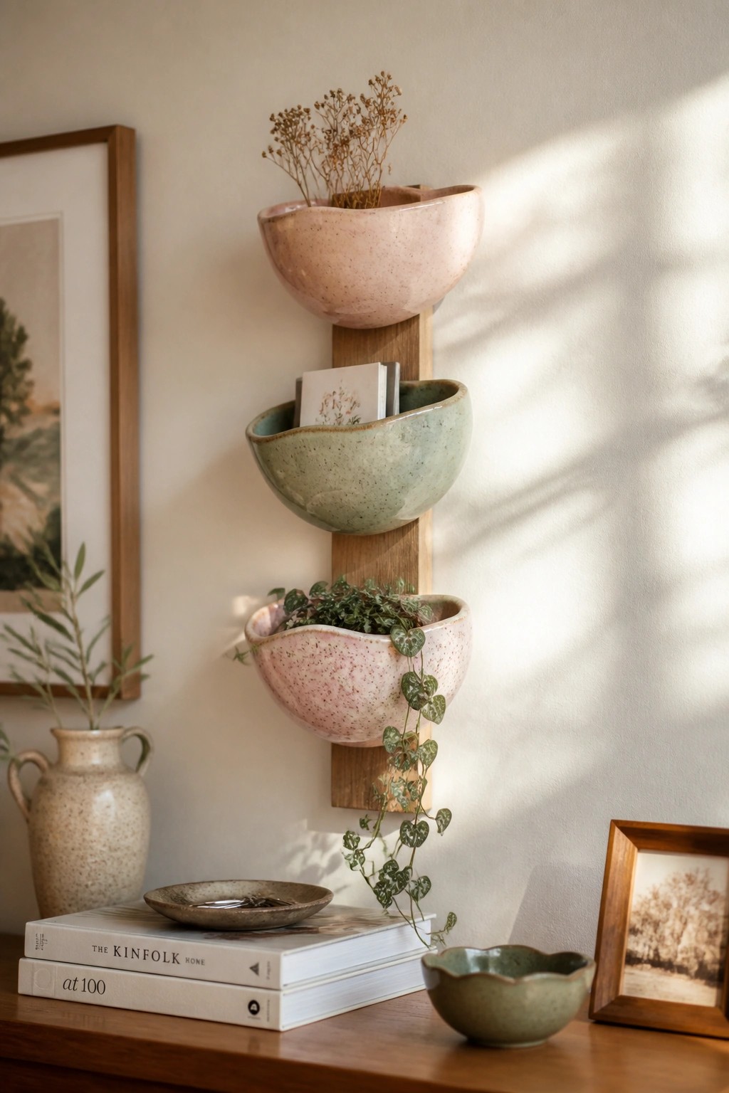 Three speckled ceramic bowls in pink and green on vertical wooden wall rack with trailing plant