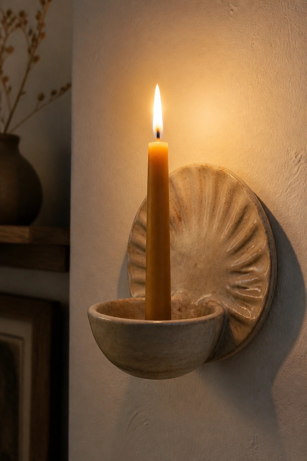 Lit yellow candle in a beige ceramic shell-patterned wall sconce on white wall.