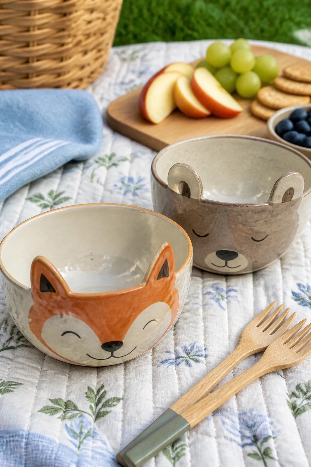 Ceramic fox and bear bowls on floral quilt with wooden forks and fruit