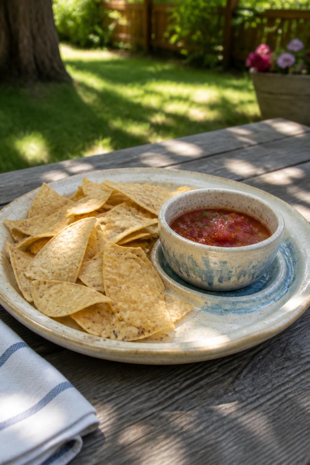 Tortilla chips and red salsa bowl on a ceramic plate atop a wooden table