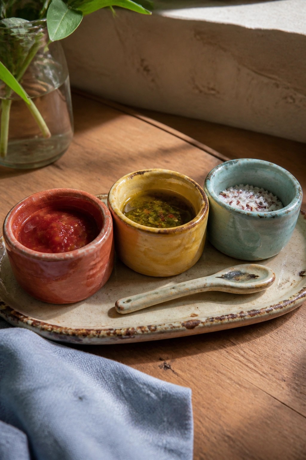 Three ceramic bowls of red sauce, green oil, and salt on rustic tray with spoon.