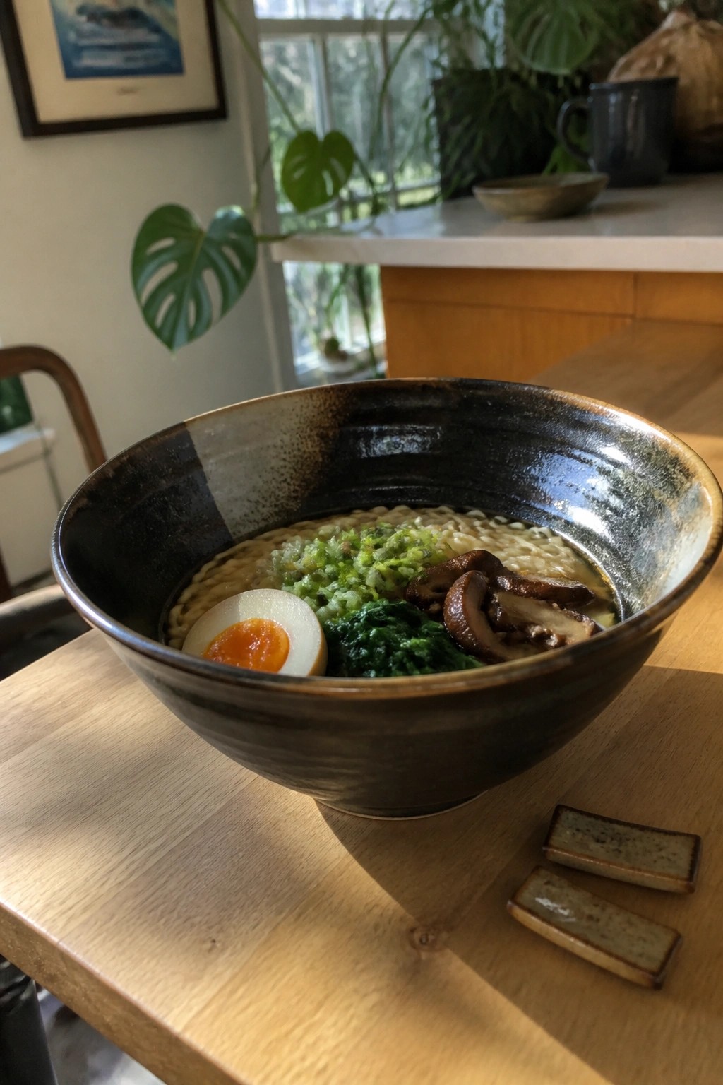 Ramen bowl with egg, mushrooms, and greens on wooden table with rests