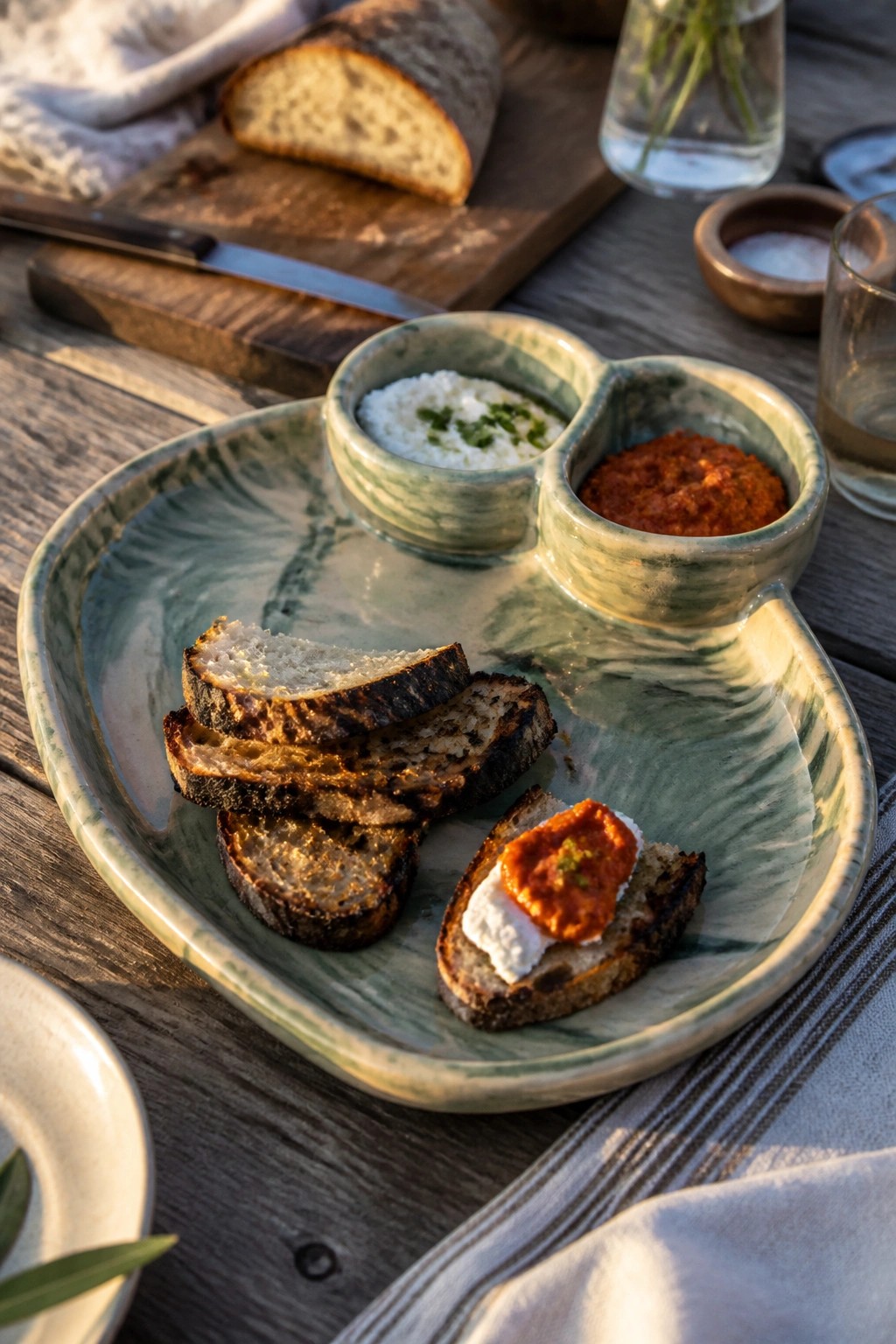 Green marbled plate with toasted bread slices, red spread and white dip.
