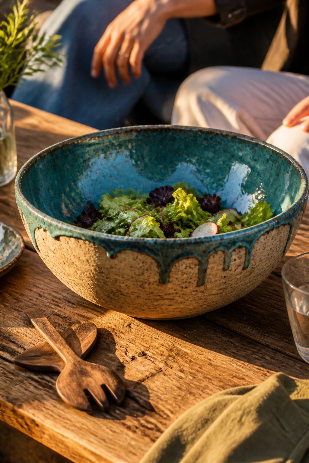 Turquoise ceramic bowl of mixed greens salad on rustic wooden table with utensils