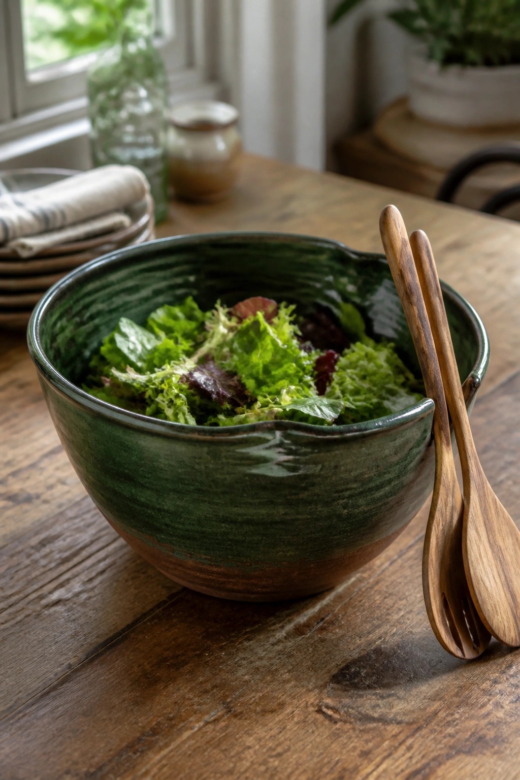 Green ceramic bowl of mixed greens with wooden salad servers on rustic table