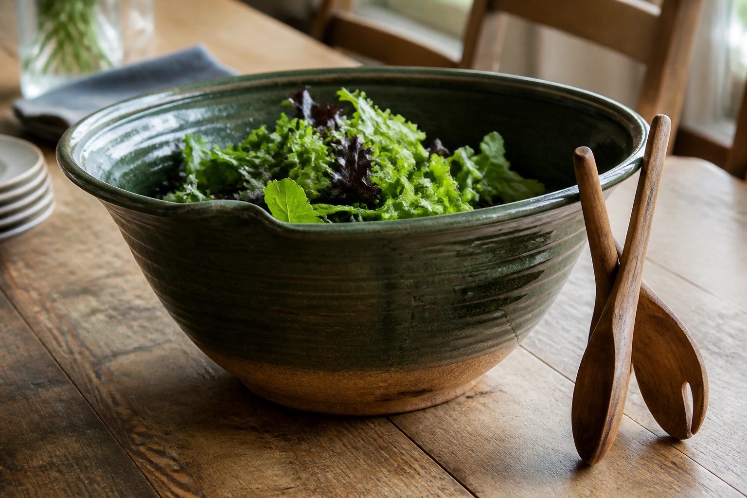 Green ceramic bowl of mixed greens with wooden salad servers on rustic table