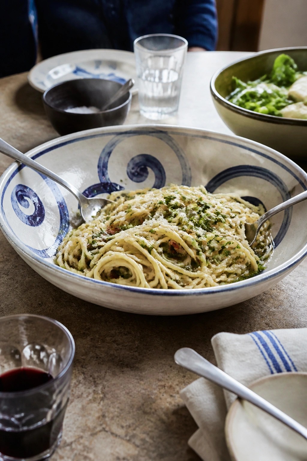 Pasta in blue-patterned bowl with forks, red wine glass, and salad on table