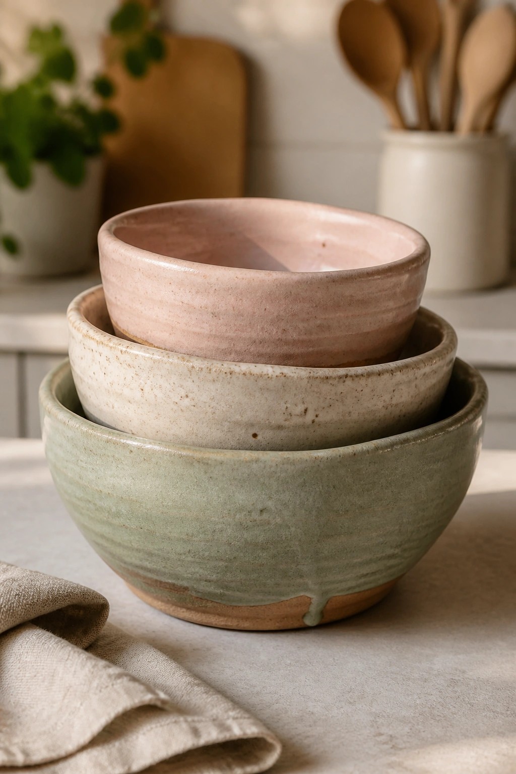 Three stacked ceramic bowls in pink, beige, and sage green beside linen cloth.