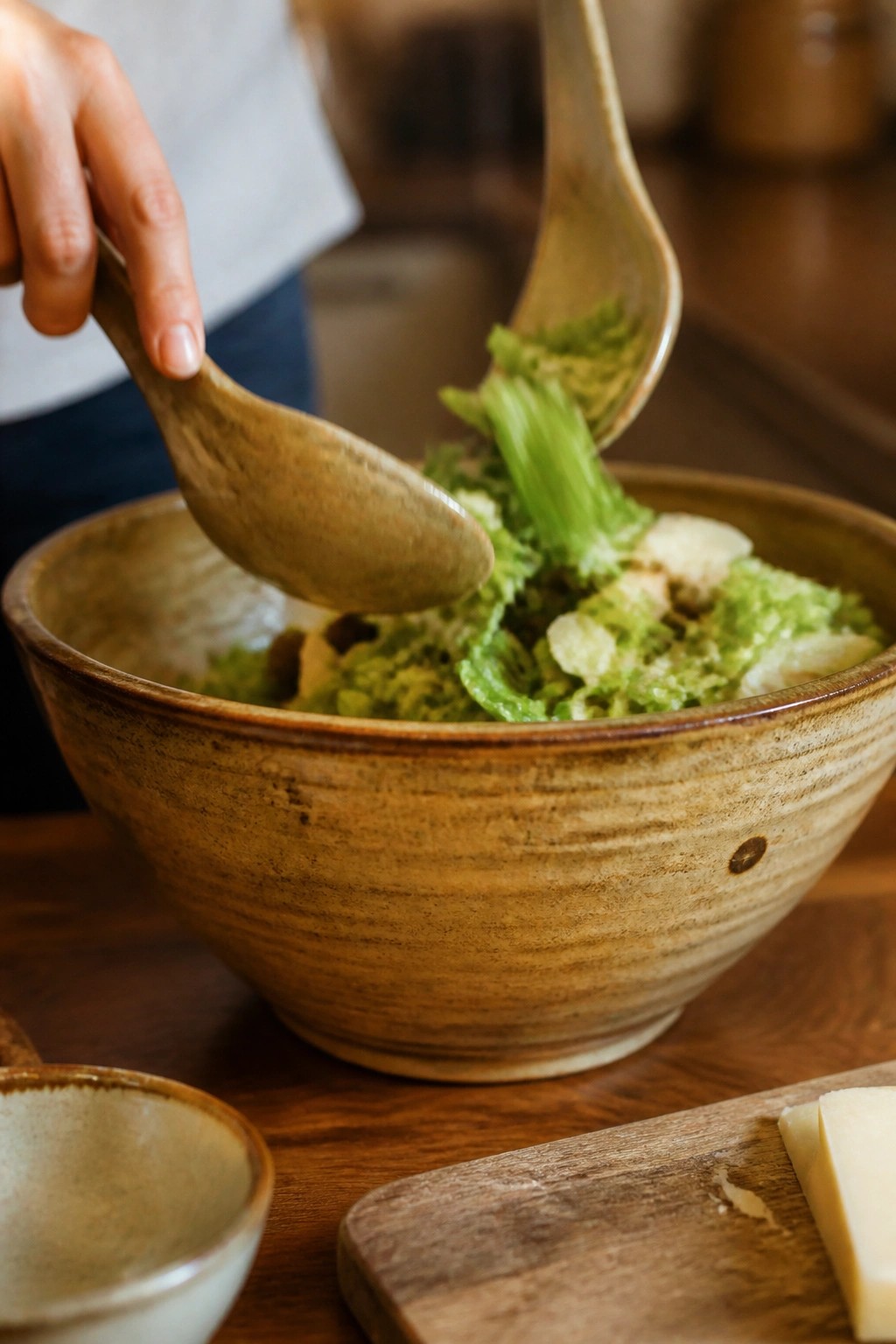 Hands tossing green salad and cheese shavings in a rustic ceramic bowl