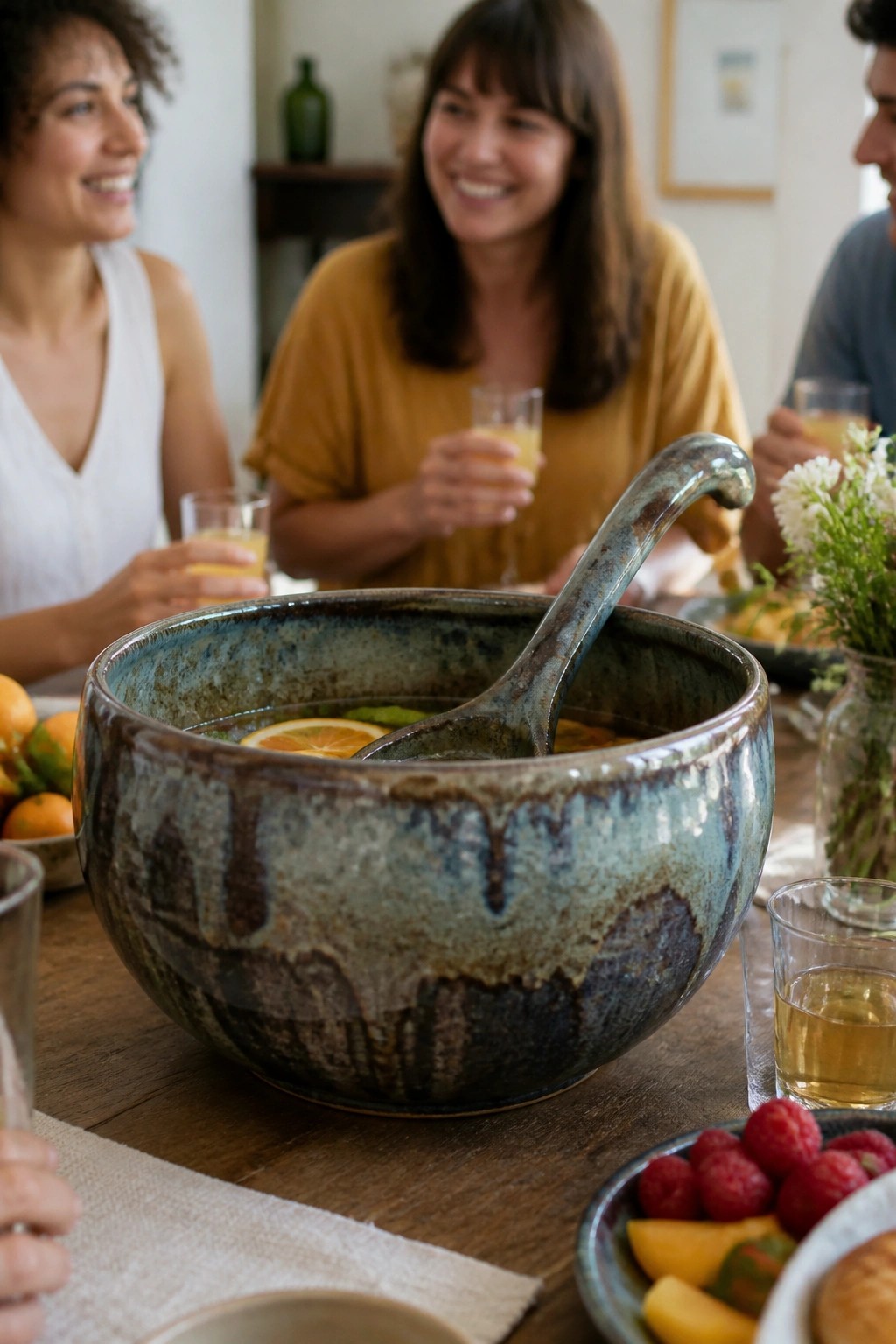 Women smiling around rustic ceramic punch bowl with ladle and citrus on wooden table