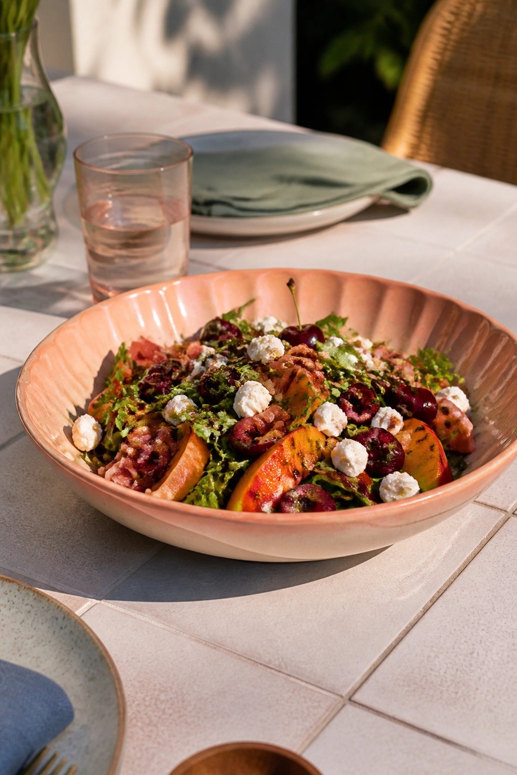 Peach-colored bowl of cherry-peach salad with cheese on sunny patio table.