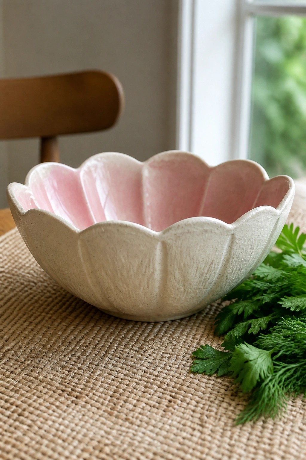 Scalloped pink ceramic bowl beside fresh green herbs on burlap mat