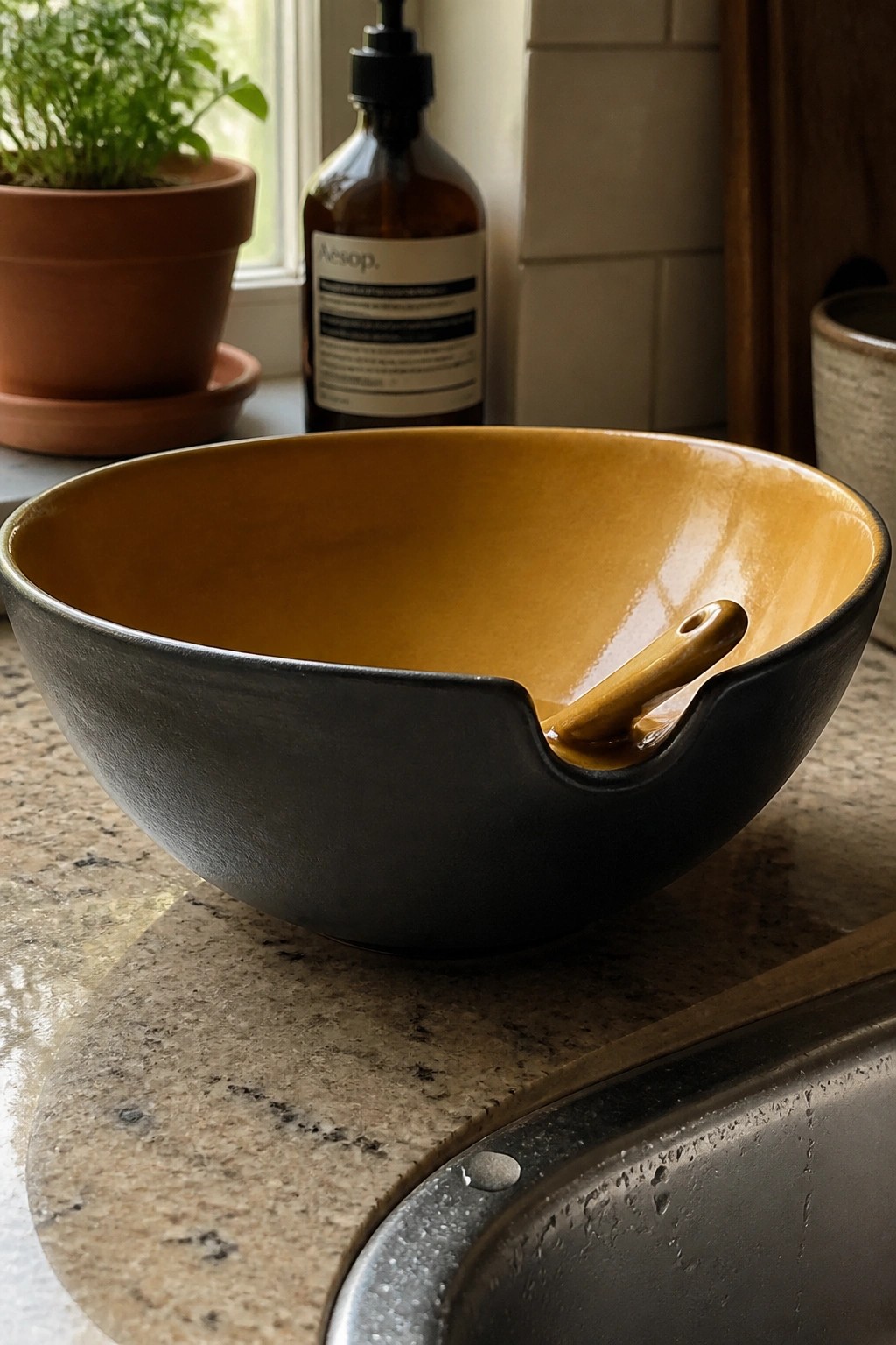 Black ceramic bowl with yellow interior and wooden utensil on kitchen counter