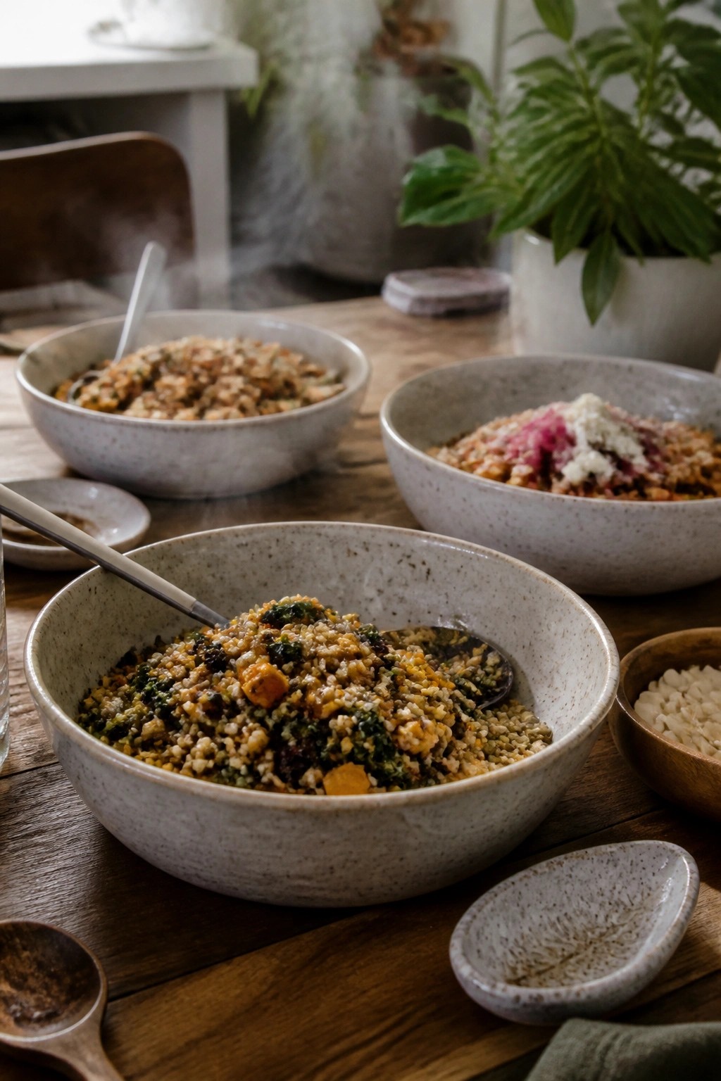 Three speckled ceramic bowls filled with grain salads sit on a wooden table with spoons and small side dishes nearby.
