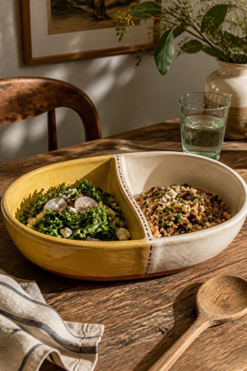 Divided yellow and white bowl with salads on wooden table beside spoon and napkin.