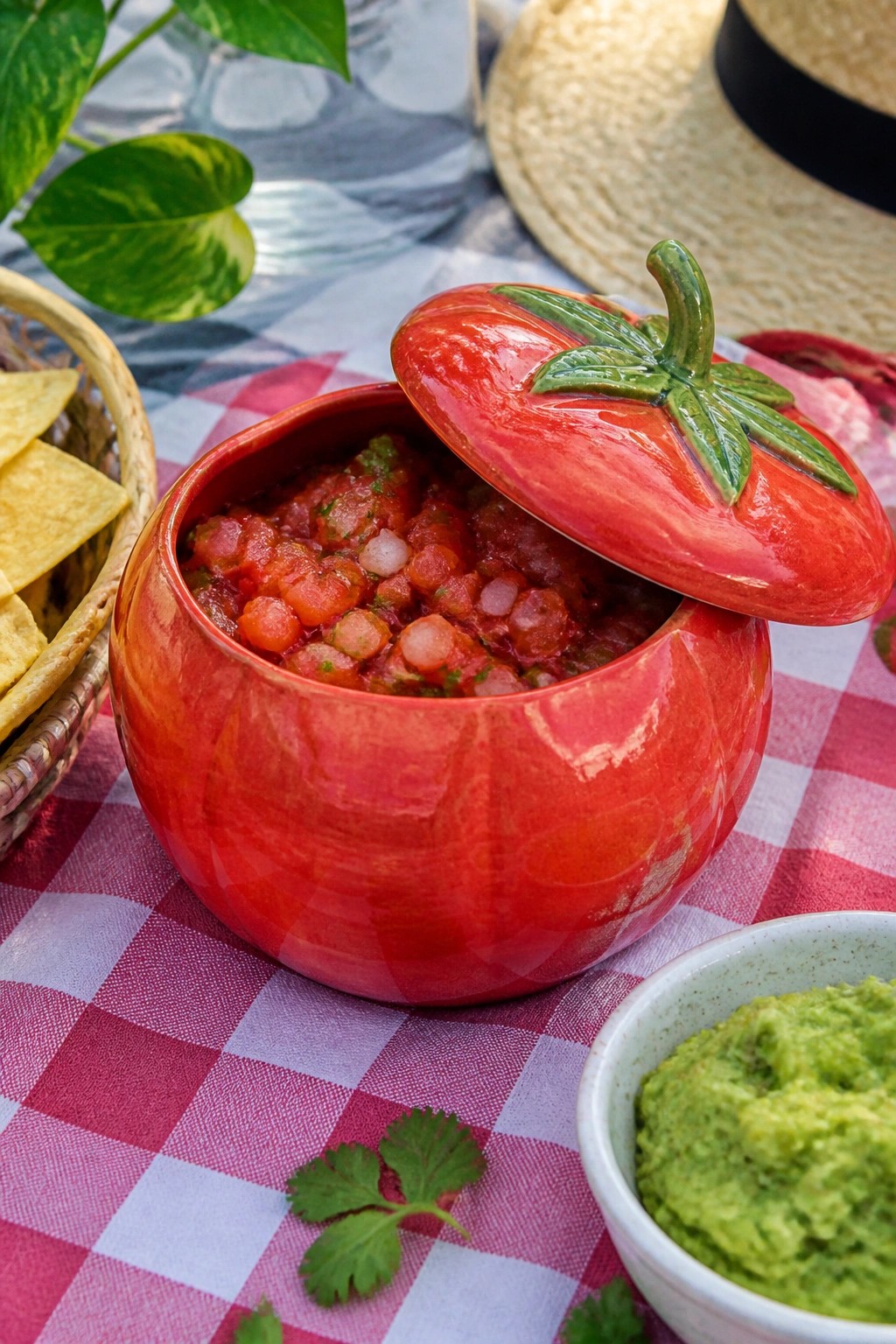 Red tomato-shaped bowl of salsa beside guacamole and chips on checkered picnic cloth