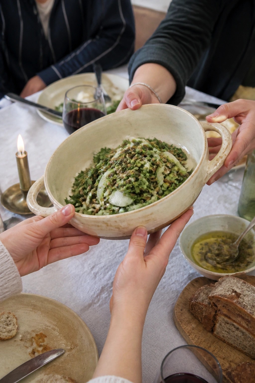 Hands passing a bowl of chopped greens over a dinner table with bread and wine.
