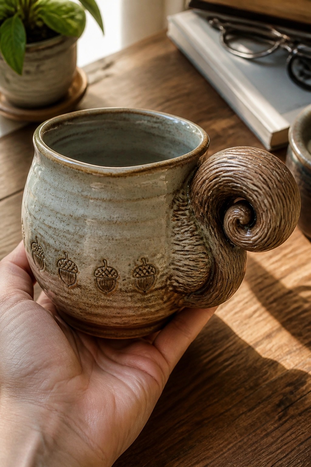 Hand holding ceramic mug with acorn stamps and spiral handle on wooden table