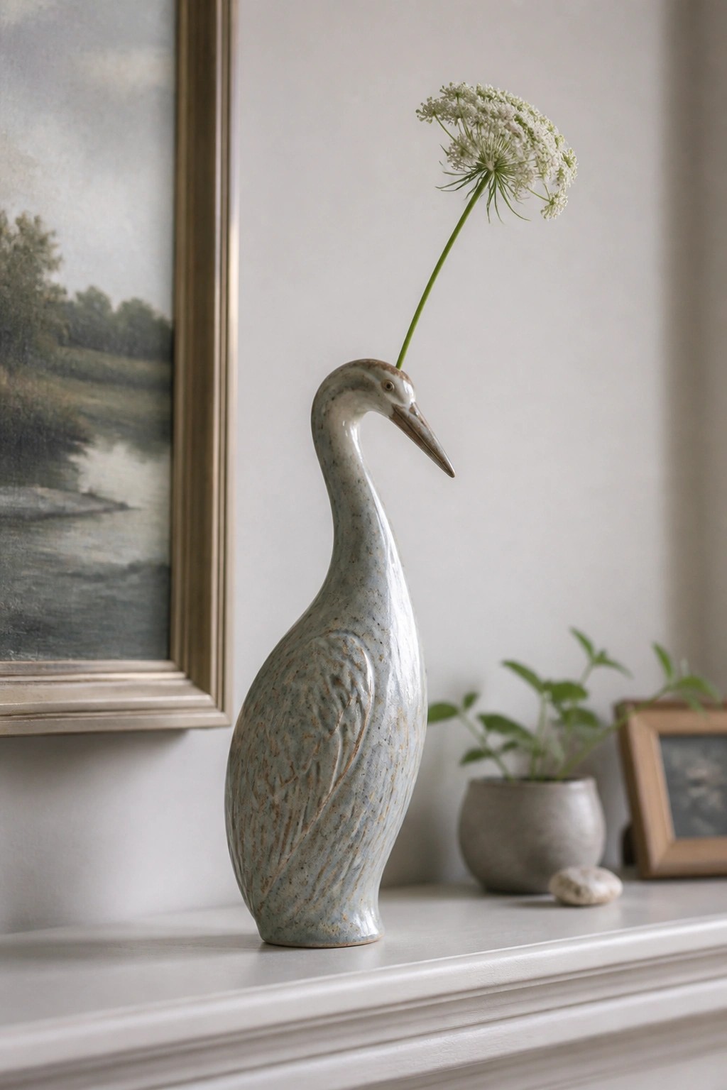 Ceramic heron vase holding a single white flower on a white mantel