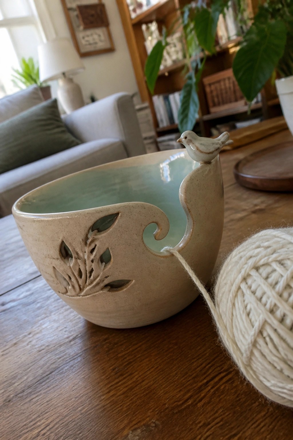 Ceramic yarn bowl with bird figurine and leaf cutouts beside white yarn on wooden table