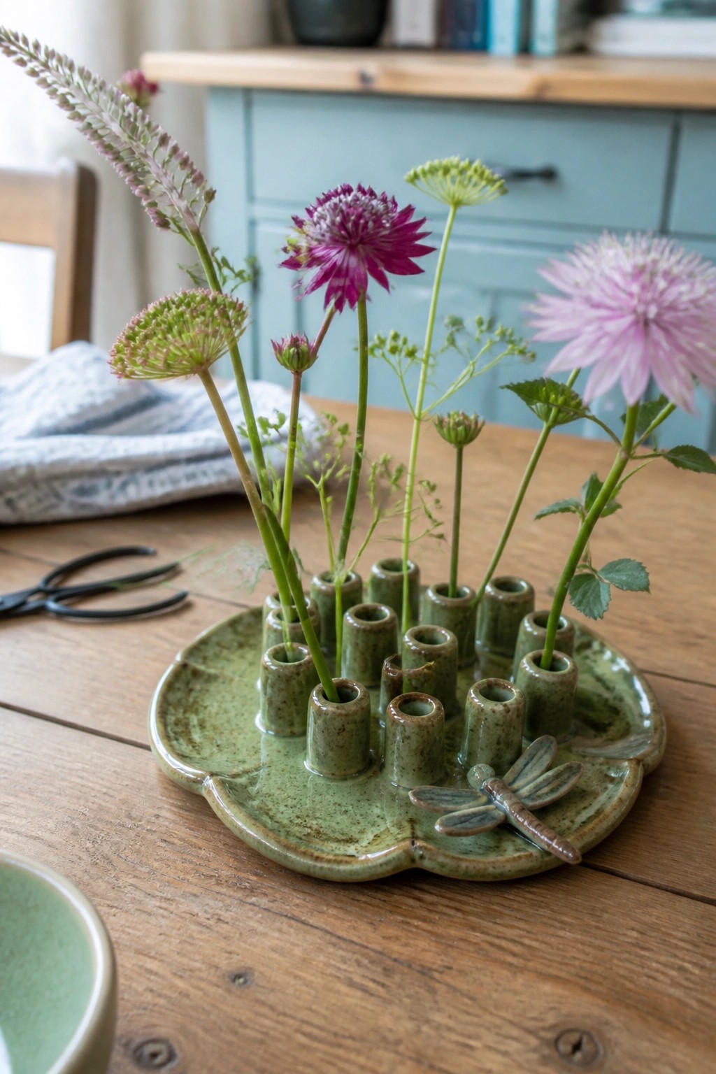 Green ceramic lily pad flower holder with dragonfly and fresh blooms on wooden table