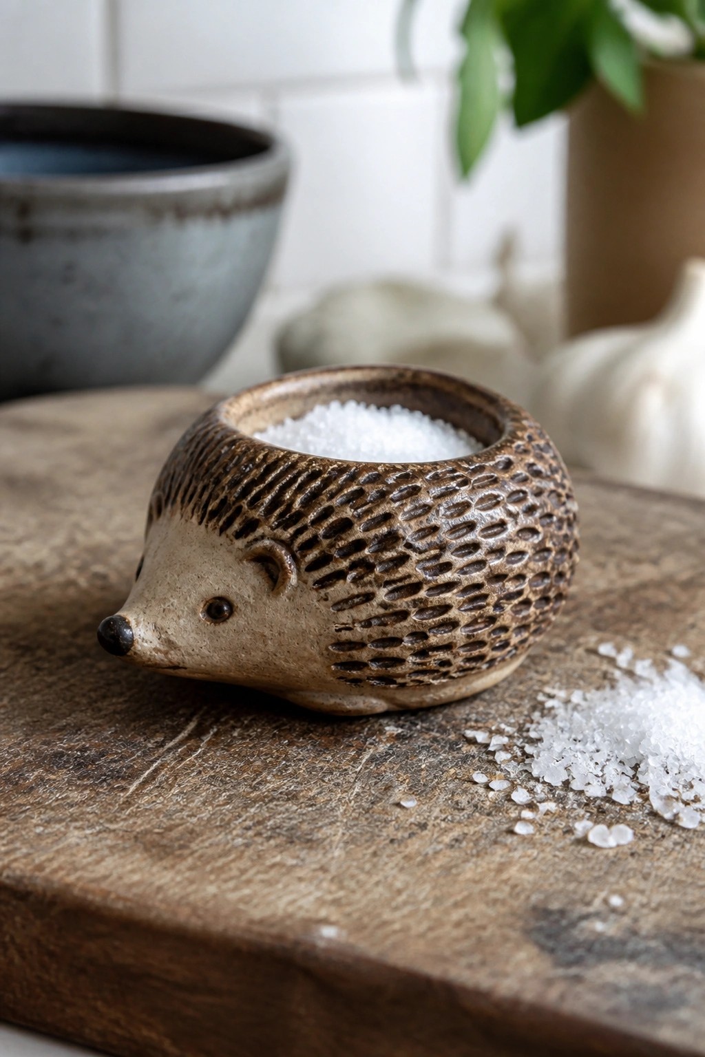 Ceramic hedgehog bowl filled with salt on wooden board with spilled grains