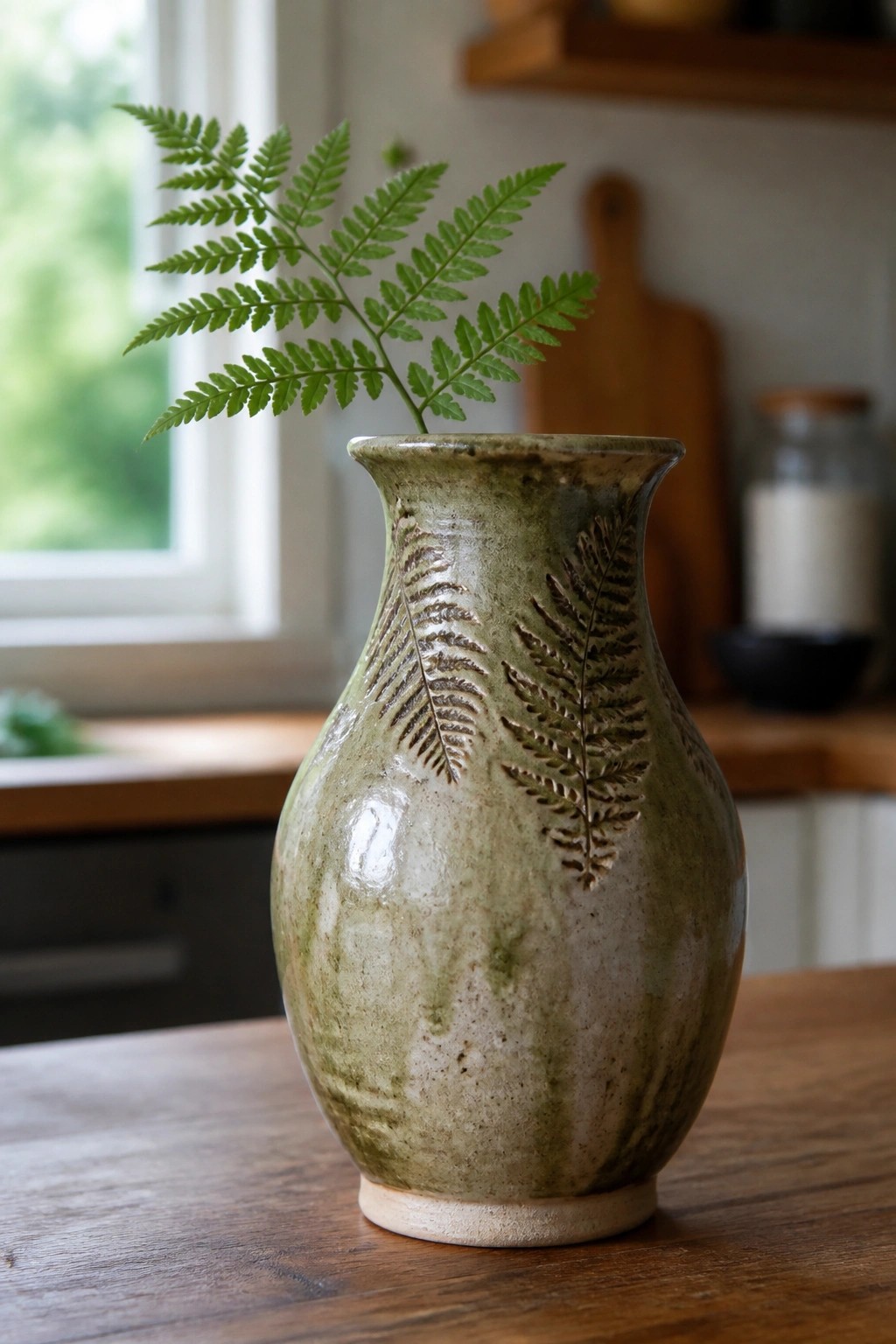 Green ceramic vase with embossed fern patterns holding a fresh fern sprig on wooden table