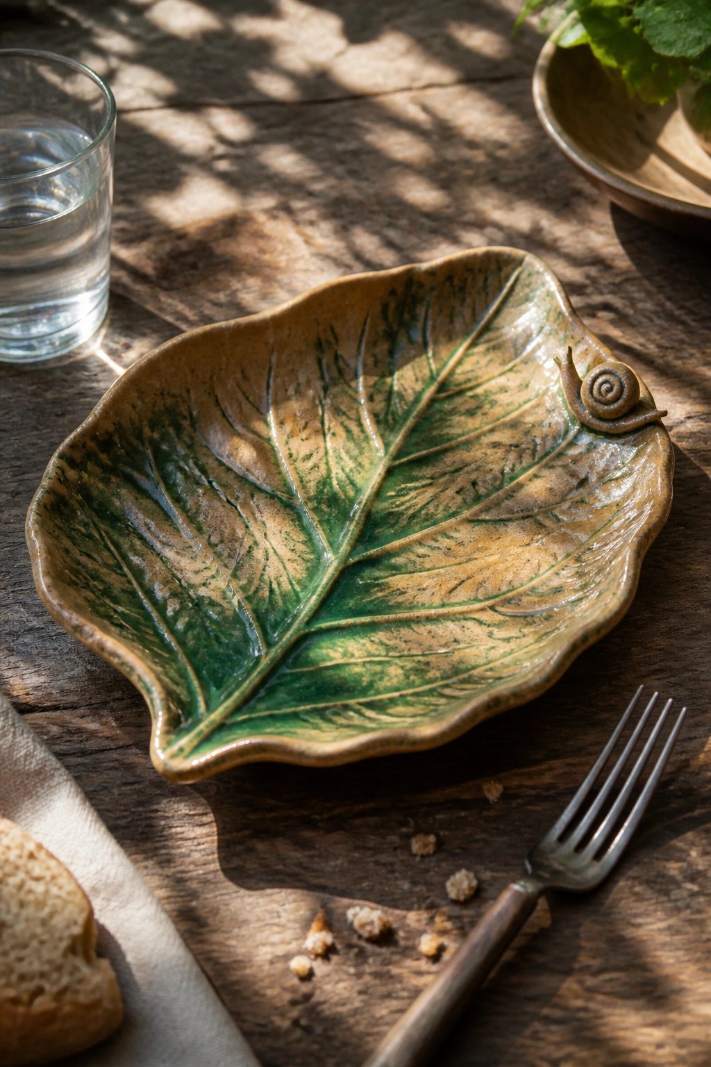 Leaf-shaped green ceramic bowl with snail beside fork, glass, and bread on wooden table.