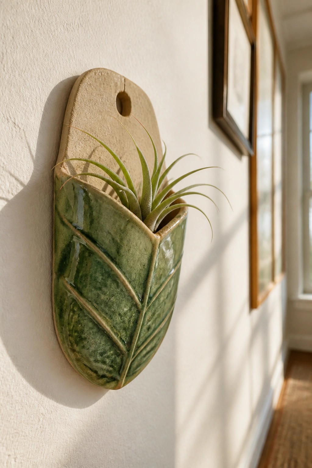 Green ceramic leaf-shaped wall pocket holding air plant on white wall