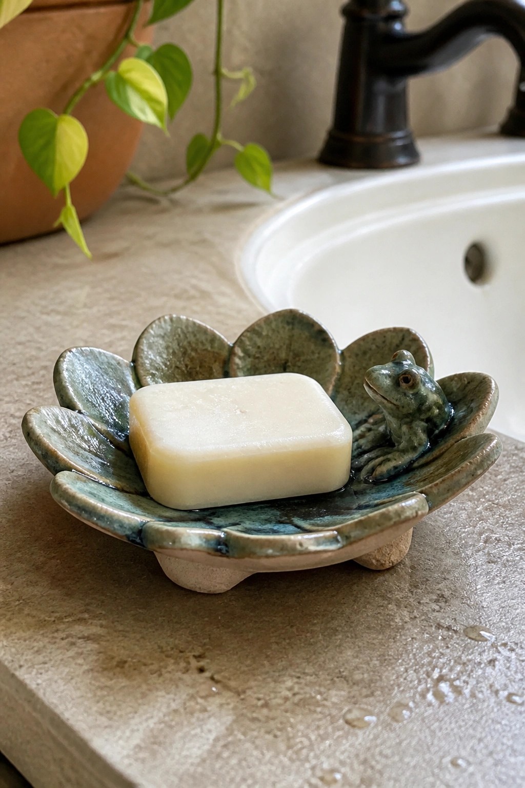 Ceramic lotus soap dish with green frog and white soap bar on bathroom counter