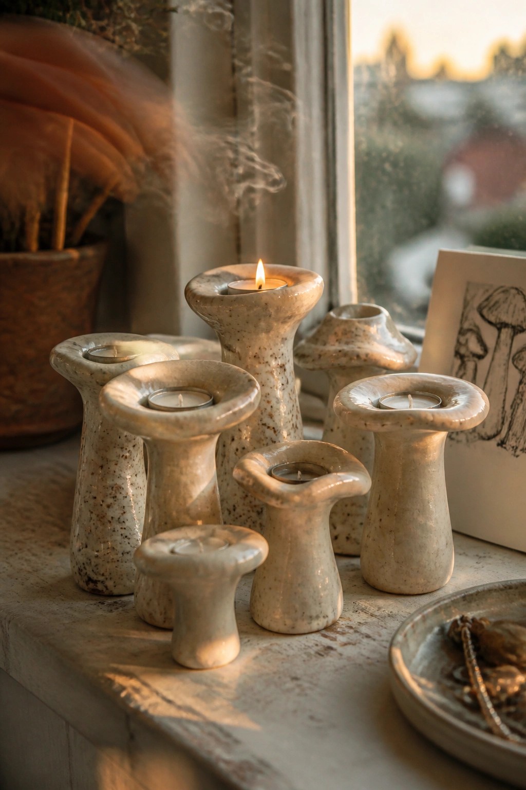 Several speckled ceramic mushroom candle holders with lit flames on a windowsill