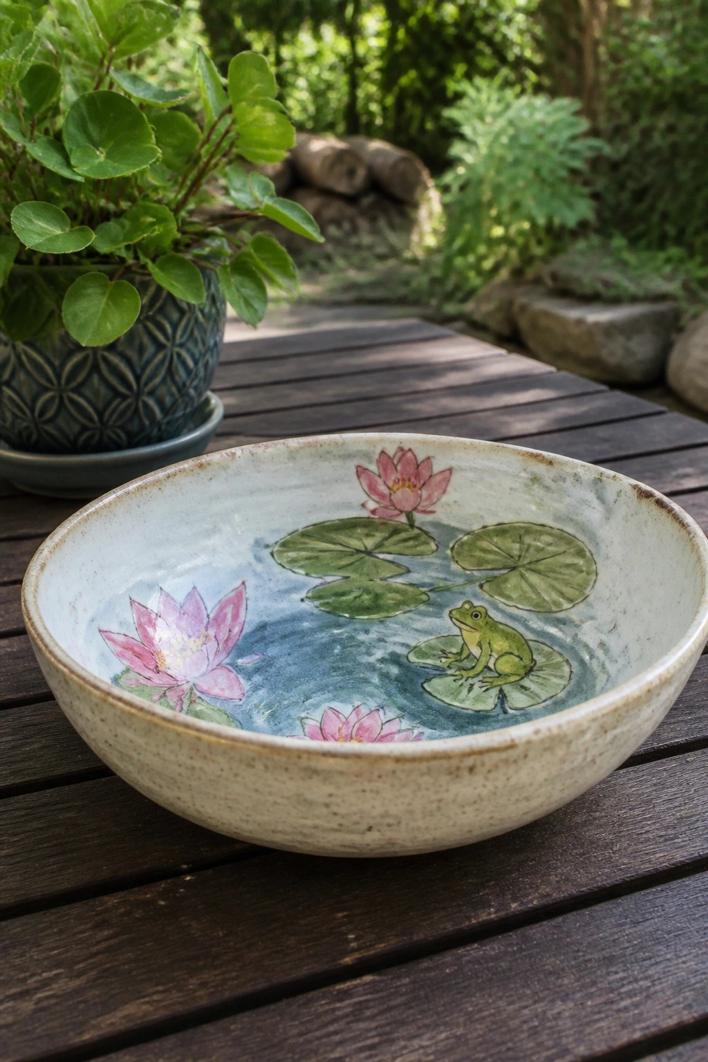 Ceramic bowl with painted green frog, pink lotuses, and lily pads on wood