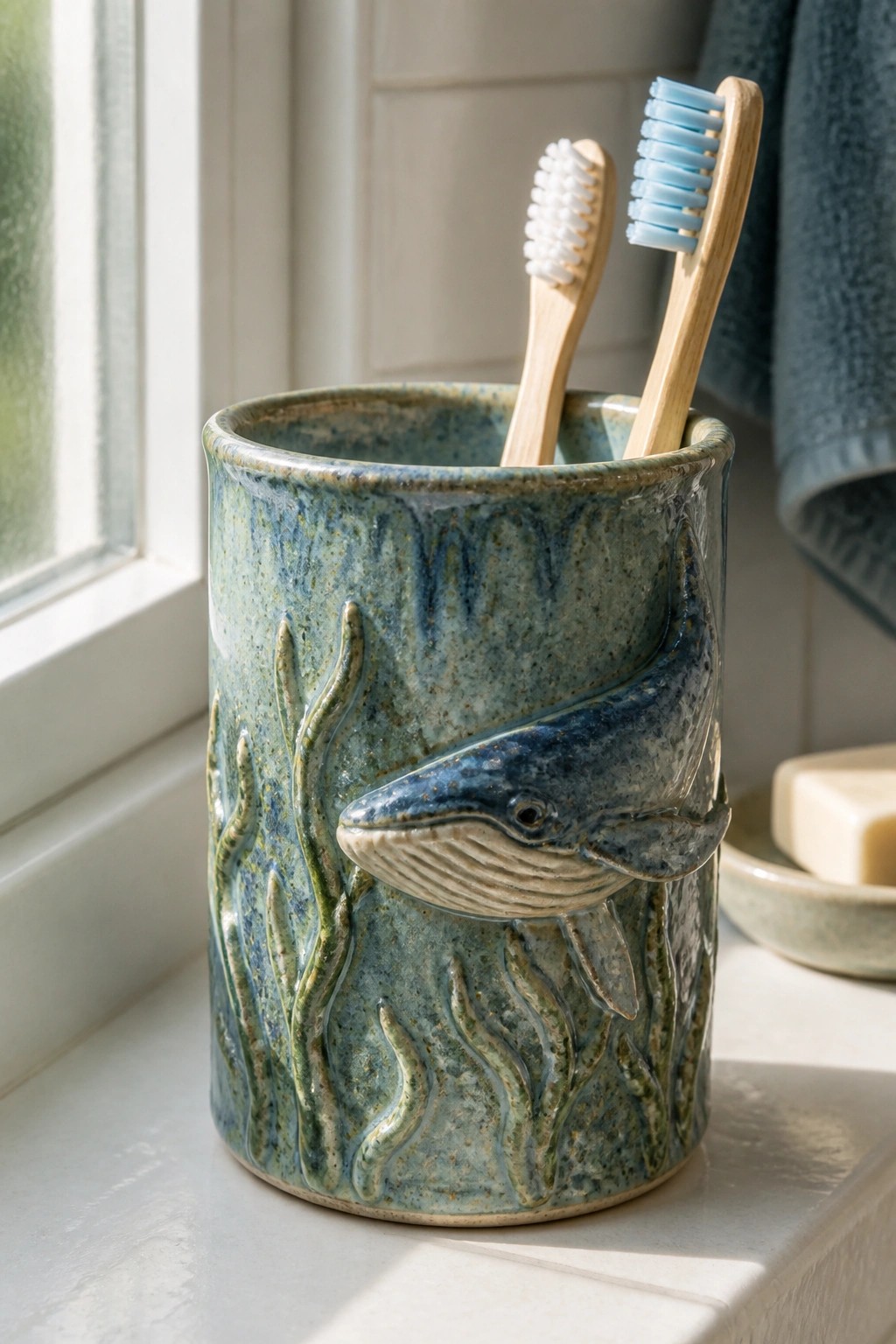 Blue-green ceramic holder with whale relief holding two toothbrushes on sunny windowsill
