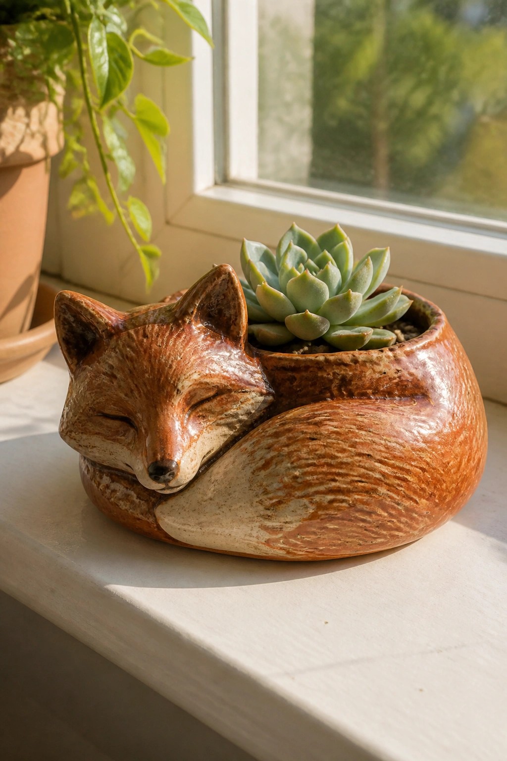 Ceramic sleeping fox planter with green succulent on sunlit windowsill.