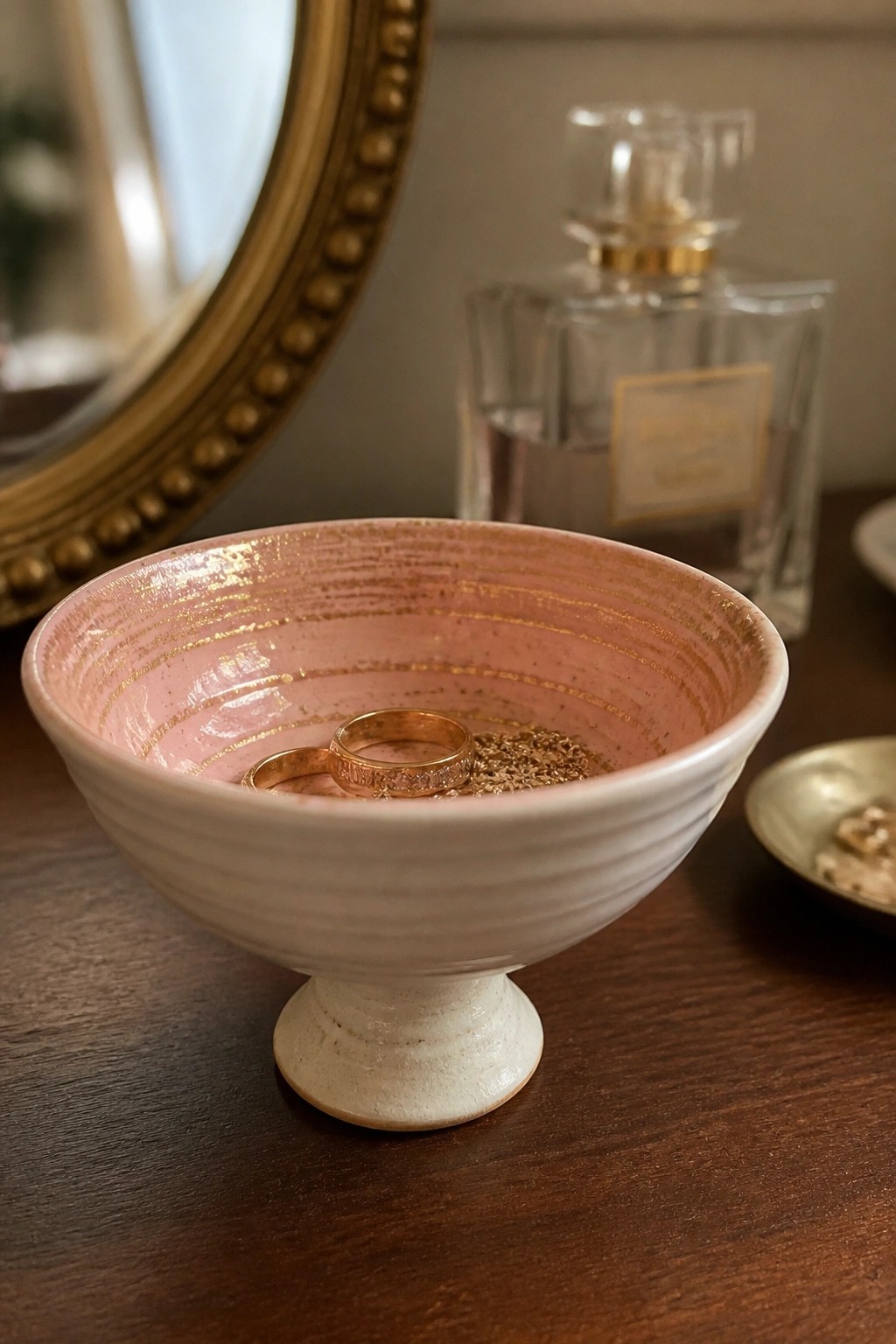 Pink ceramic pedestal bowl holding two gold rings with gold flakes on wood