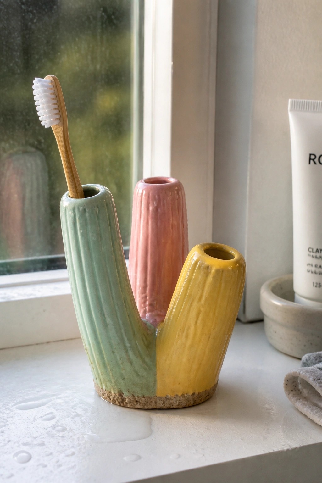 Pastel green, pink, and yellow ceramic holder with bamboo toothbrush on wet sill
