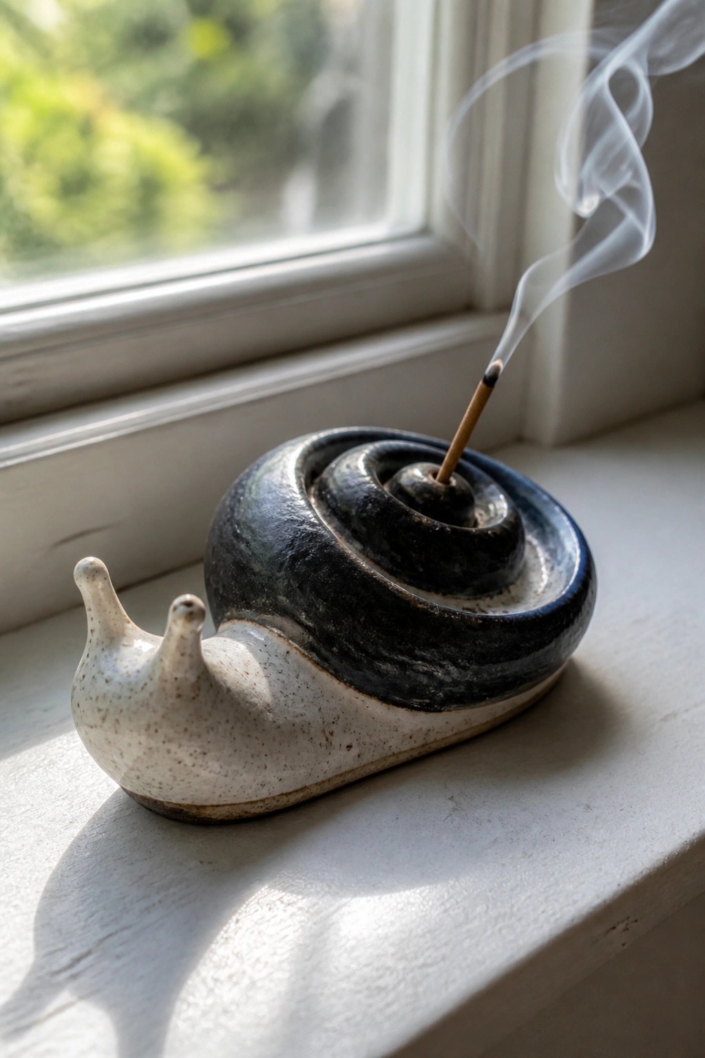 Ceramic snail incense holder with burning stick emitting smoke on windowsill