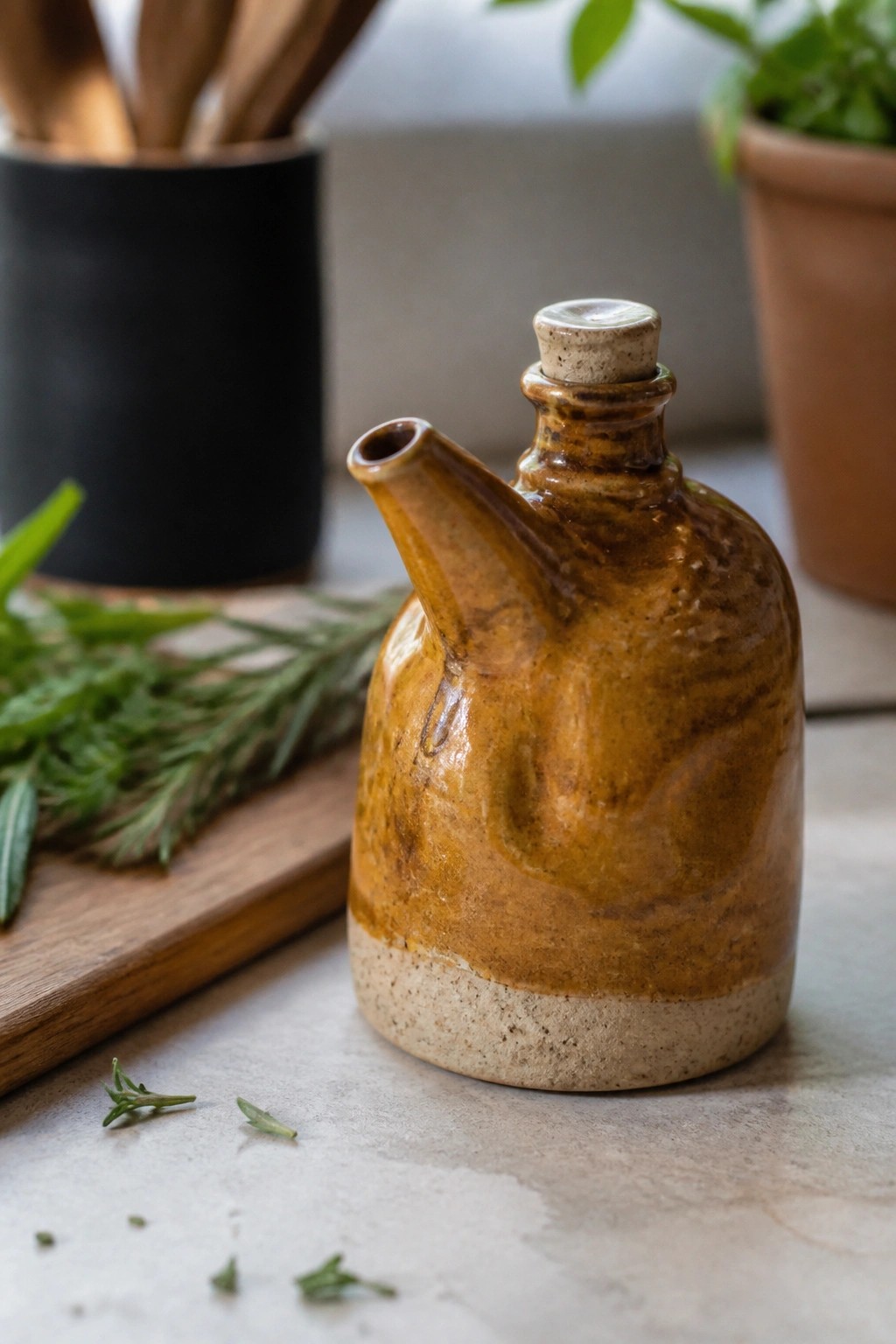 Brown ceramic oil cruet with cork and spout on herb-strewn kitchen counter