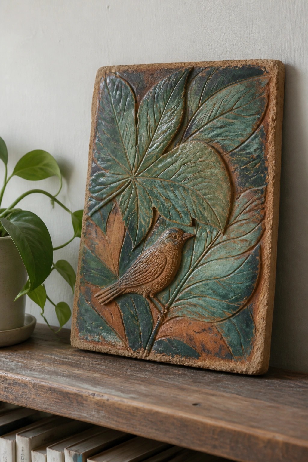 Ceramic tile with embossed brown bird amid large green and brown leaves on wood