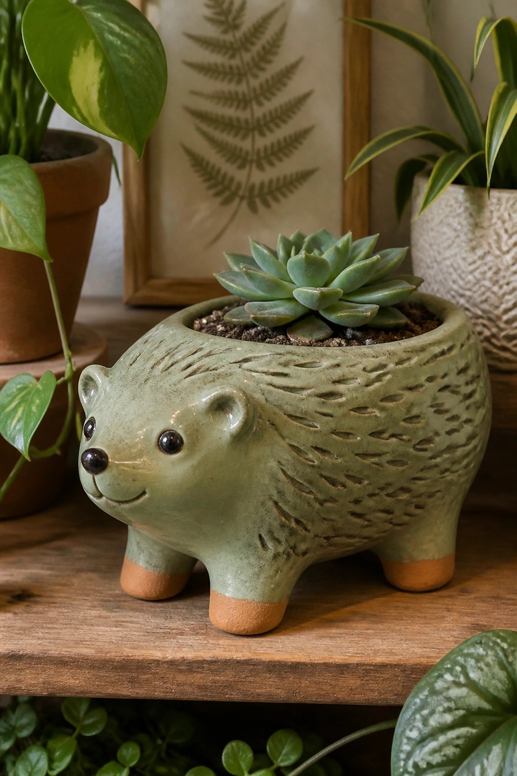 Green ceramic hedgehog planter with succulent on wooden shelf amid houseplants.