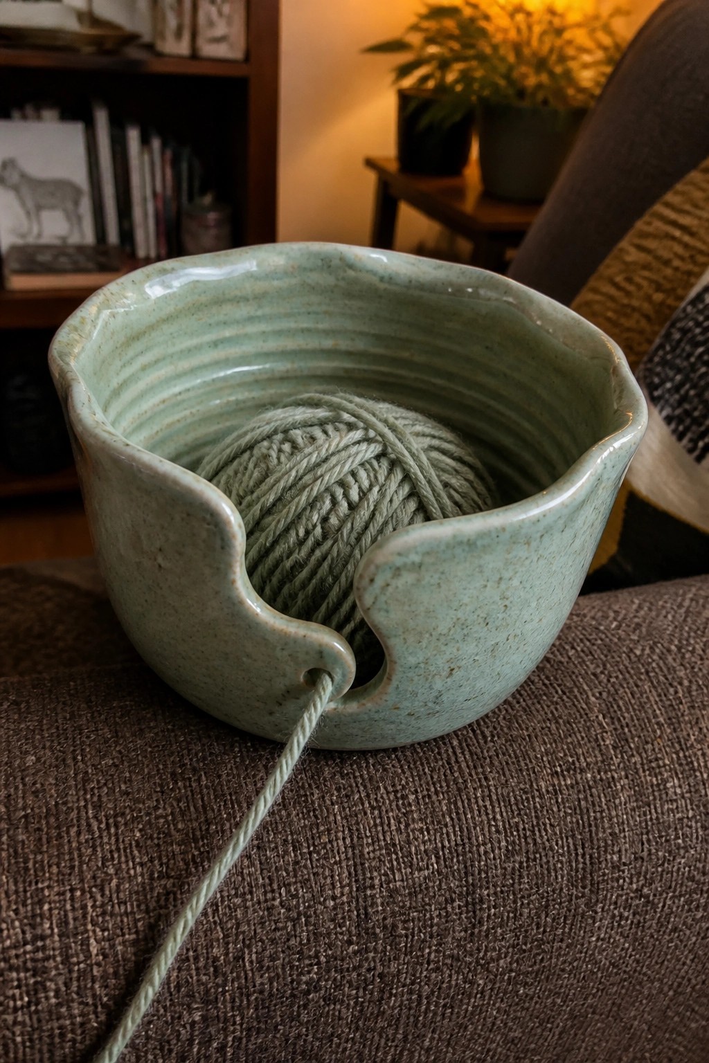 Light green ceramic yarn bowl with matching yarn ball on brown couch